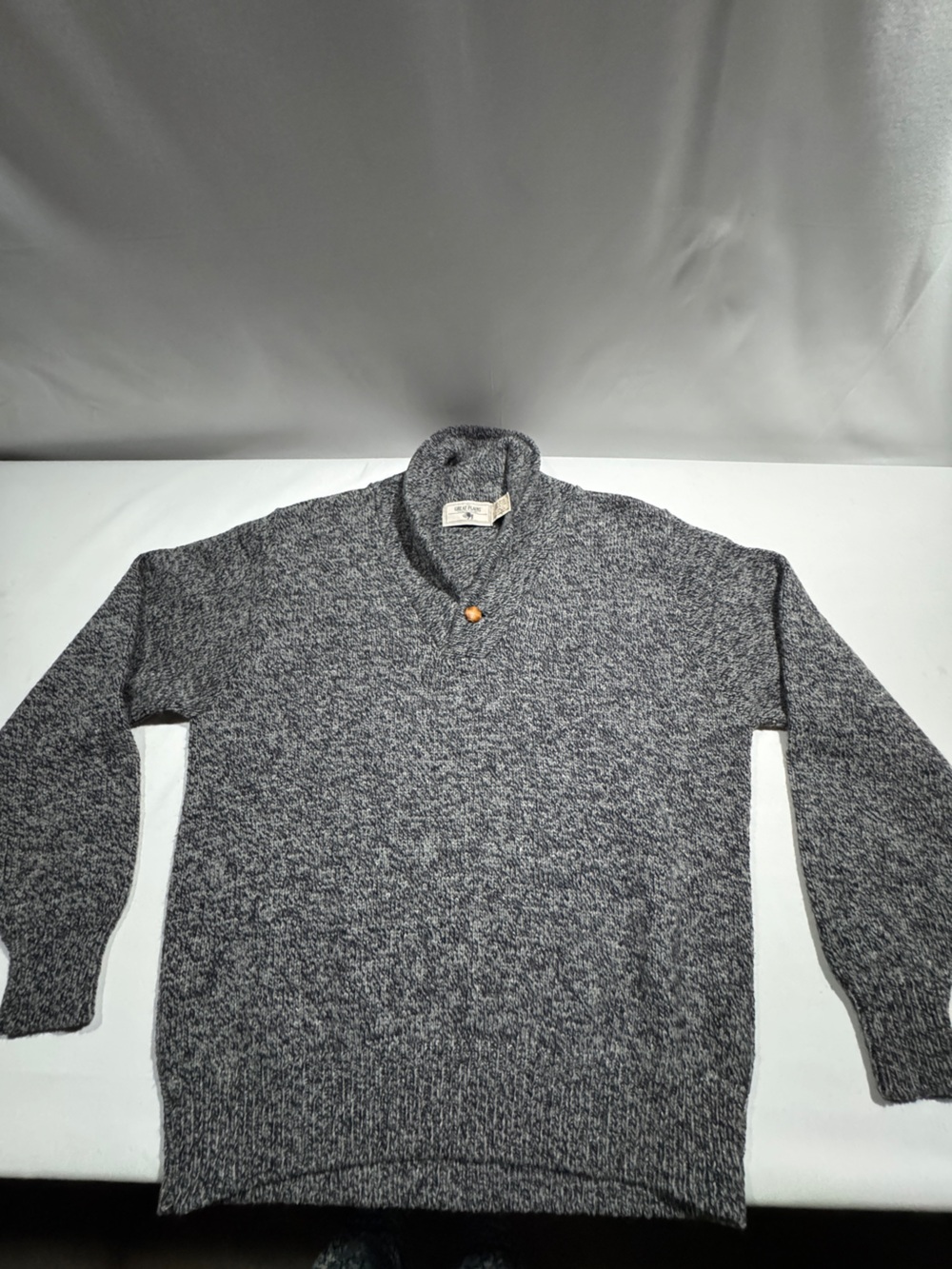 Vintage Great Plains Wool Sweater XL USA Gray Shawl Collar